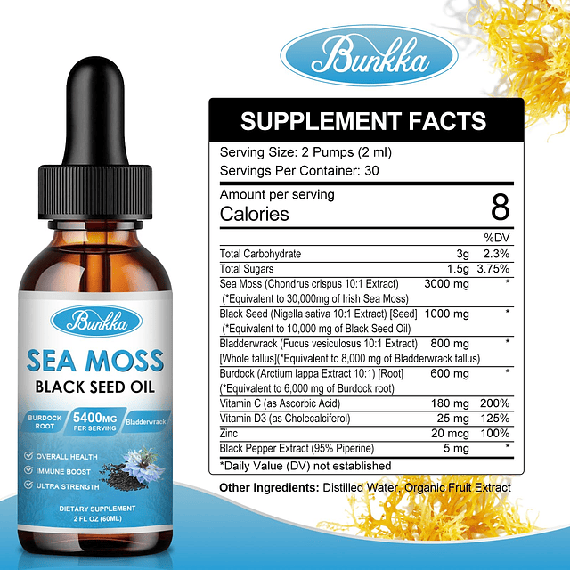 Sea Moss 3000 mg Aceite de semilla negra 1000 mg con raíz de