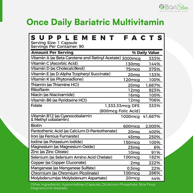 Cápsula multivitamínica bariátrica una vez al día 45 mg de h