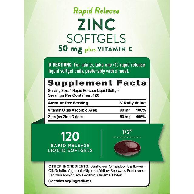 Zinc con vitamina C | 50 mg | 120 cápsulas blandas | Supleme