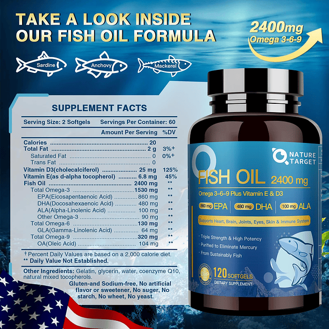 Triple Omega 3 6 9, aceite de pescado 2400 mg cápsulas bland