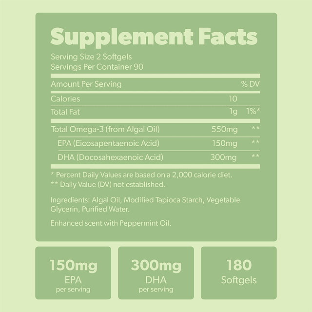 Suplemento vegano de omega 3 Ácidos grasos DHA y EPA a base