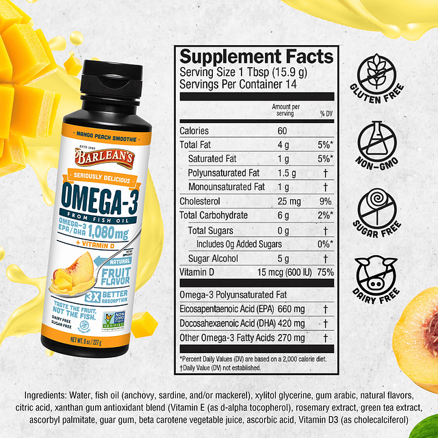 Suplemento líquido de aceite de pescado Omega 3 de mango mel