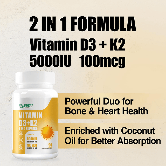 Vitamina D3 K2 con aceite MCT, vitamina D 5000 UI y K2 100 m