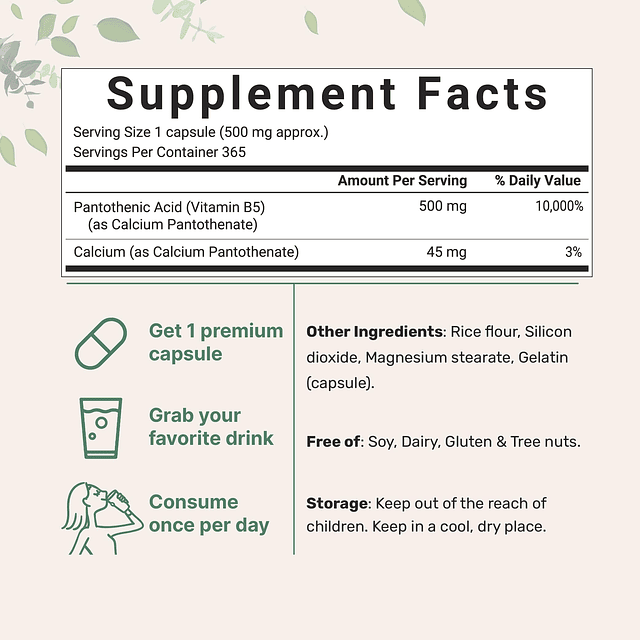 Suplemento de vitamina B5 con ácido pantoténico, vitamina B5