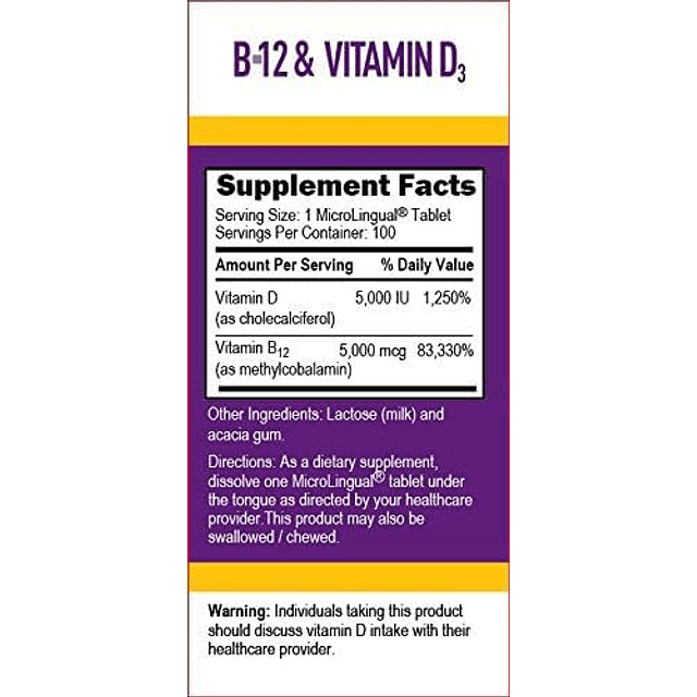 Metil B12 y Vitamina D3 5000 UI Multivitaminas, 5000 mcg, 10