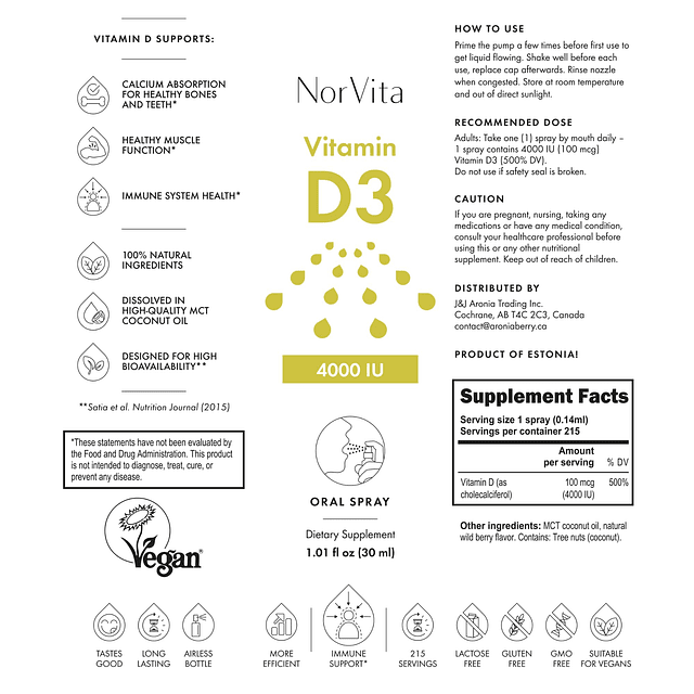 Vitamina D3 Spray 4000 UI (215 porciones) Vegano, sin OGM, f