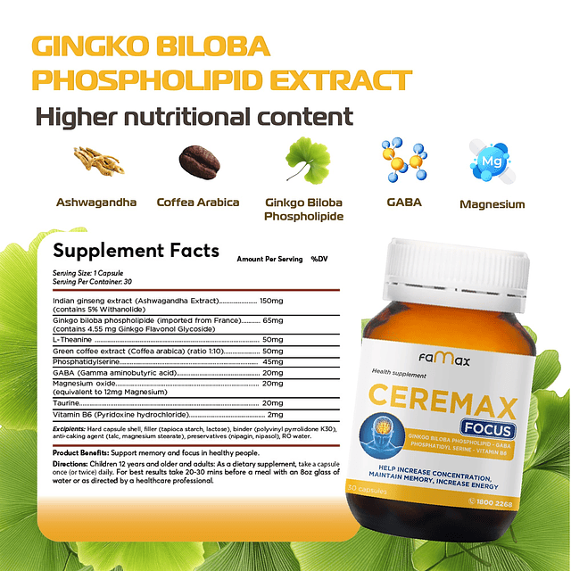 Suplemento cerebral, apoyo a la salud mental, Ginkgo Biloba,