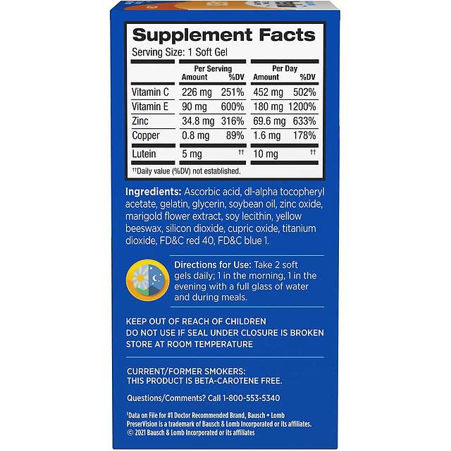 AREDS Suplemento vitamínico y mineral para ojos, de Bausch +