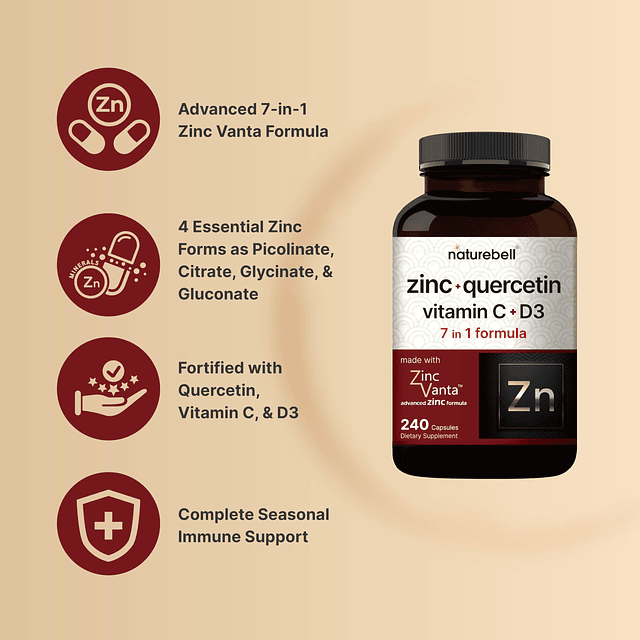 Naturebell Zinc Quercetina con vitamina C y D3, 240 cápsulas