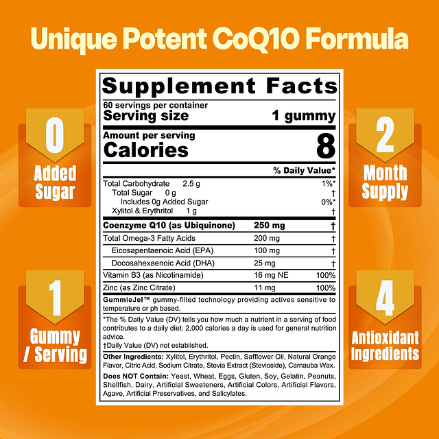 Gomitas rellenas de CoQ10-250 mg sin azúcar Suministro para