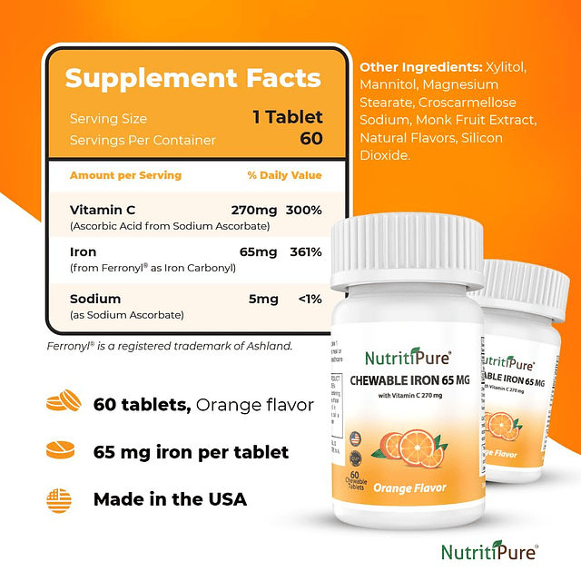 Hierro masticable 65 mg con vitamina C 270 mg Tableta sabor