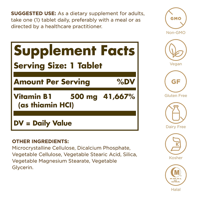 Solgar Vitamina B1 (tiamina) 100 comprimidos Súper potencia,