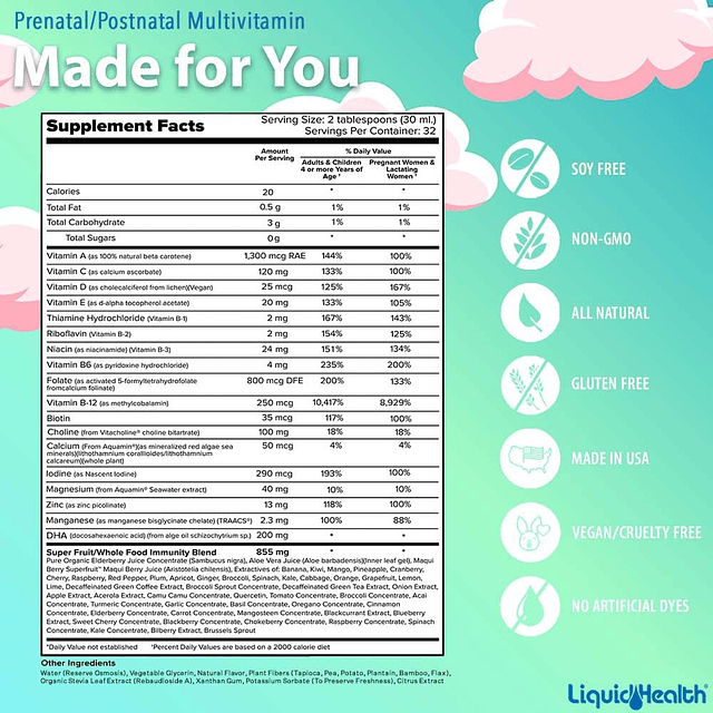 Multivitamínico líquido múltiple prenatal/postnatal para muj