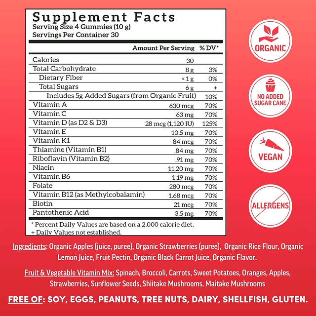 Vitaminas gomosas de frutas reales para adultos, sin caña de