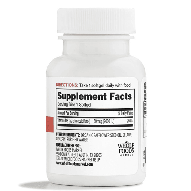 365 de Whole Foods Market, vitamina D3 2000 UI, 100 cápsulas