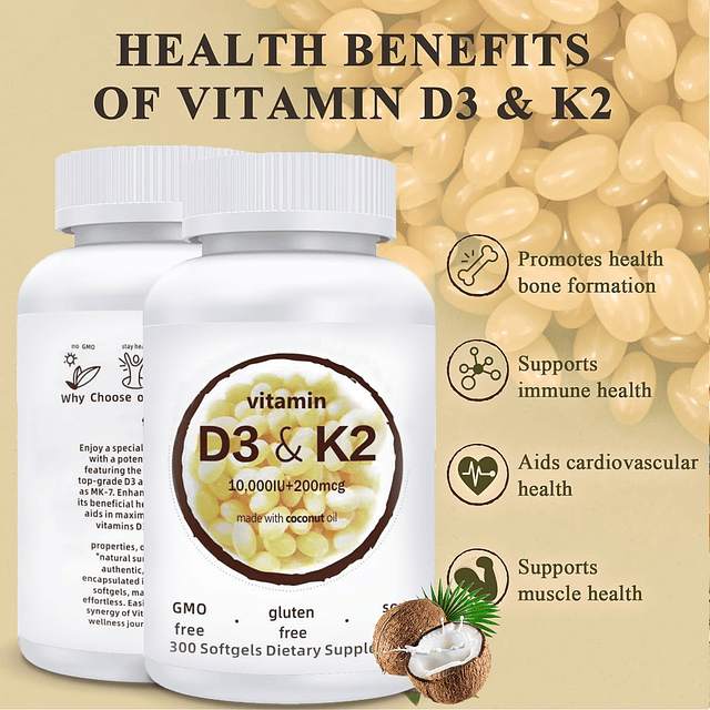 Suplemento de vitamina D3 K2 2 en 1, cápsula blanda, 10000 U