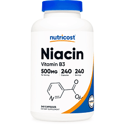 Niacina (Vitamina B3) 500 mg, 240 cápsulas con enjuague, sin