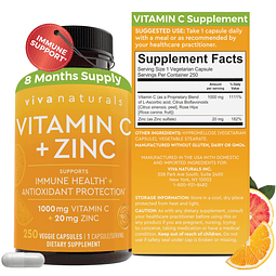 Suplemento de vitamina C y zinc (250 cápsulas) 1000 mg de vi