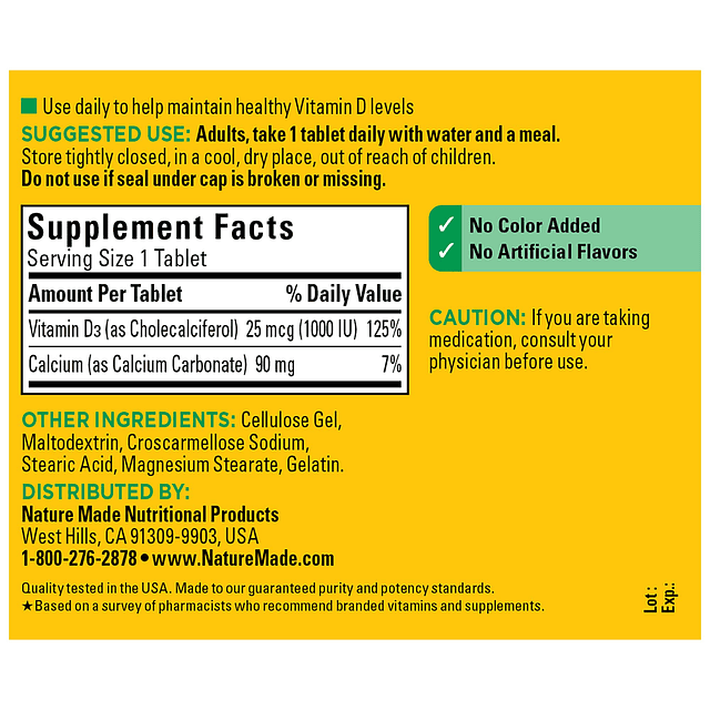 Vitamina D3 1000 UI (25 mcg), Suplemento dietético para apoy