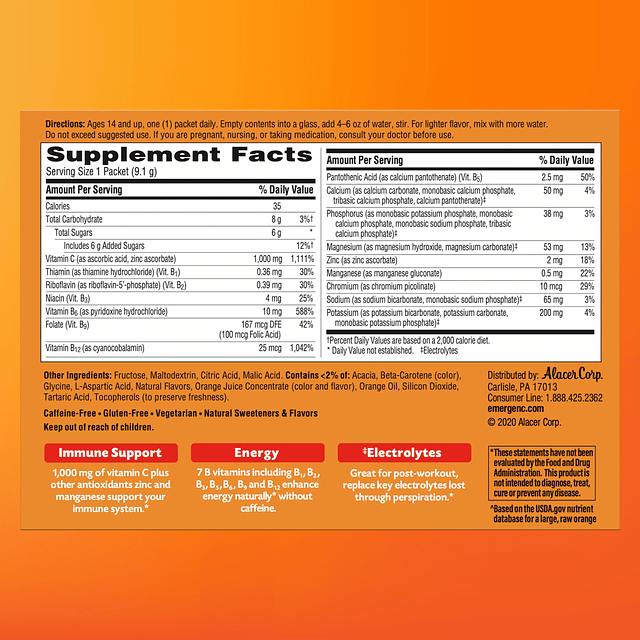 1000 mg de vitamina C en polvo, con antioxidantes, vitaminas