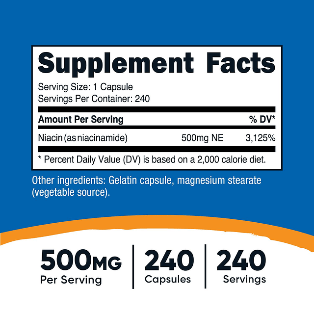 Niacinamida (Vitamina B3) 500 mg, 240 cápsulas Sin OGM, sin