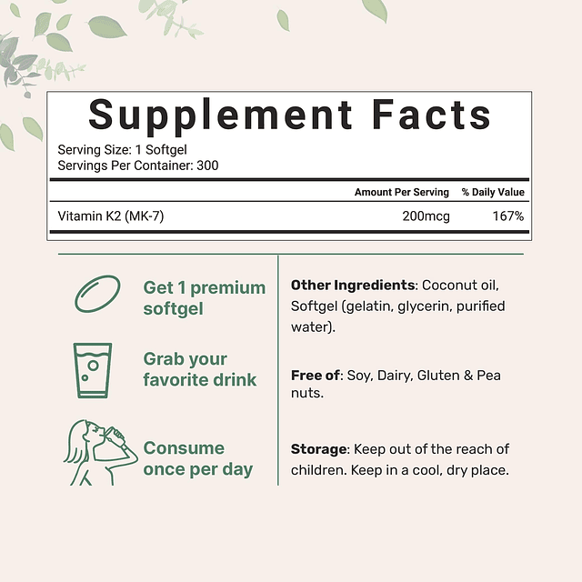 Suplemento de vitamina K2 MK-7, 200 mcg por porción, 300 cáp