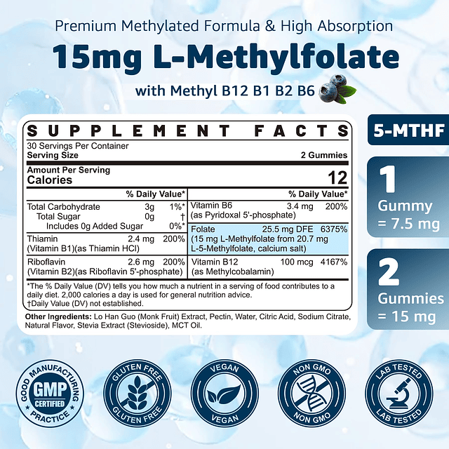 L-metilfolato 15 mg y gomitas de metilo B12, multivitaminas