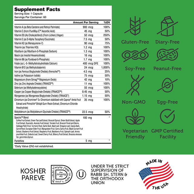 Multivitaminas veganas diarias para mujeres y hombres (60 un