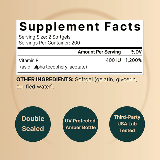 Cápsulas blandas de aceite de vitamina E, 400 UI por porción