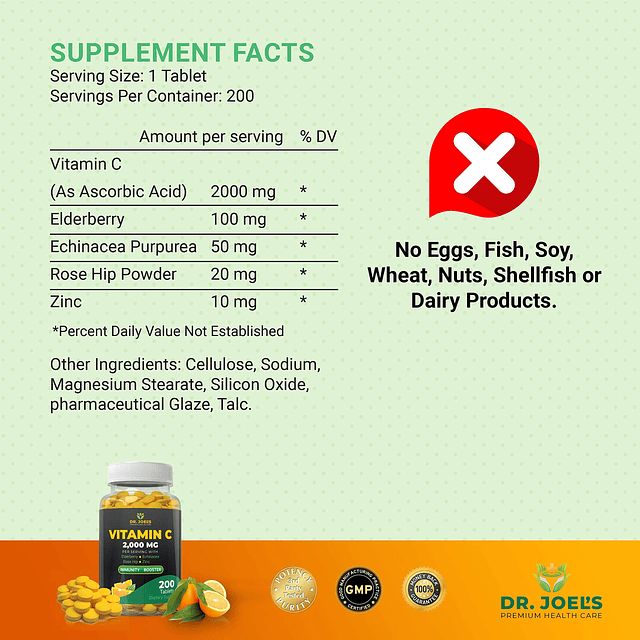 Immune Support Vitamina C 2000 mg 200 tabletas con zinc, saú