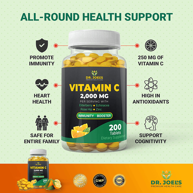 Immune Support Vitamina C 2000 mg 200 tabletas con zinc, saú