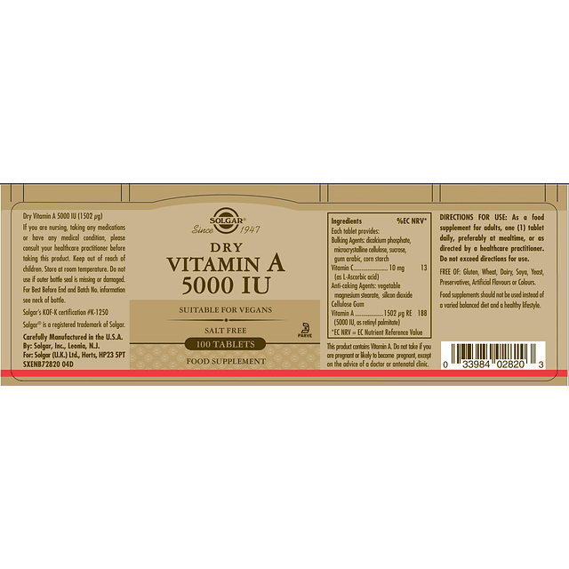 Solgar Vitamina A seca 1500 mcg (5000 UI), 100 tabletas Apoy