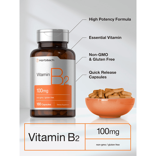 Horbaach Vitamina B-2 100 mg | 180 Cápsulas | Suplemento sin