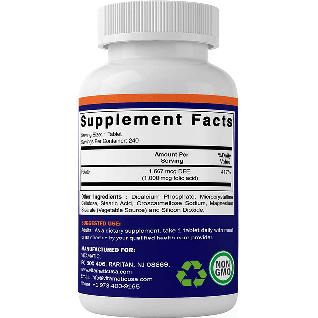 Ácido fólico 1000 mcg (1 mg) Tabletas vegetarianas 1667 mcg