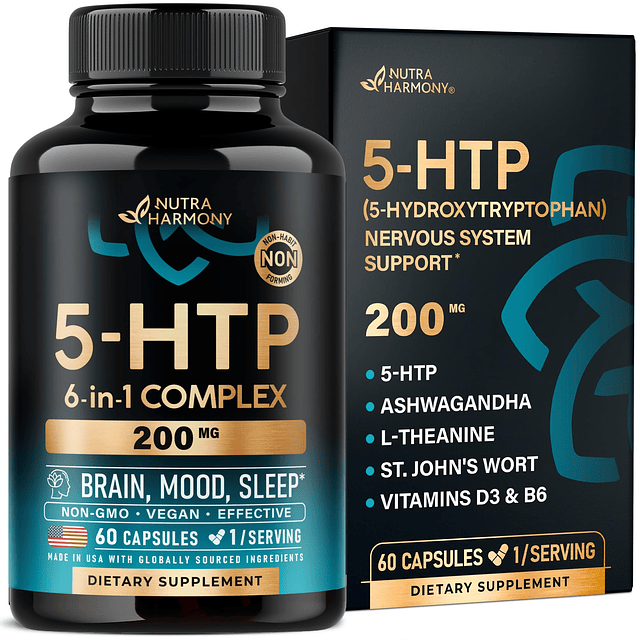 5HTP 200 mg Cápsulas Suplemento 5-HTP Triptófano Ashwagandha