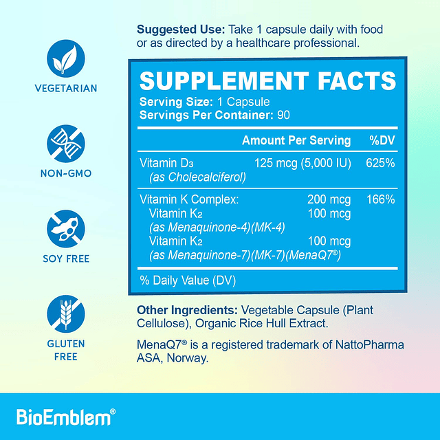 Cápsulas de vitamina D3 K2 (5000 UI y 200 mcg) MK7 y MK4 pat