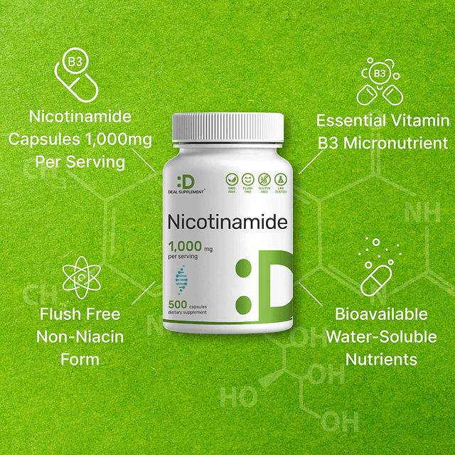 Vitamina B3 Nicotinamida 1000 mg por porción 500 cápsulas, n