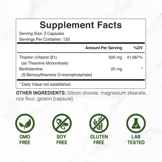 Vitamina B1 500 mg con benfotiamina, 240 cápsulas Fórmula me