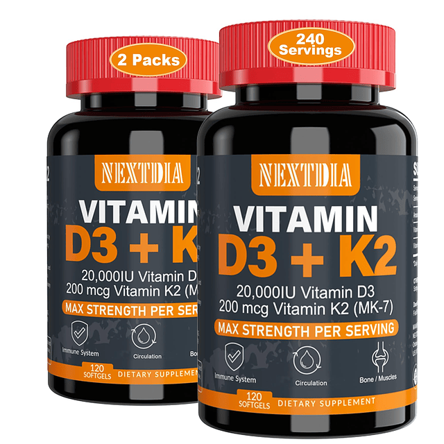 Vitamina D3 20.000 UI + K2 (MK7) 200 mcg-Vitamina D3 y K2 óp