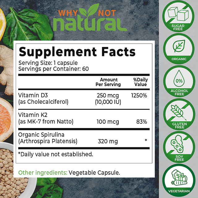 Vitamina D3 K2 (MK-7) con espirulina orgánica, suplemento ex