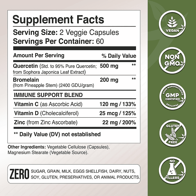 Quercetina con Vitamina C y Zinc Quercetina 500 mg Quercetin