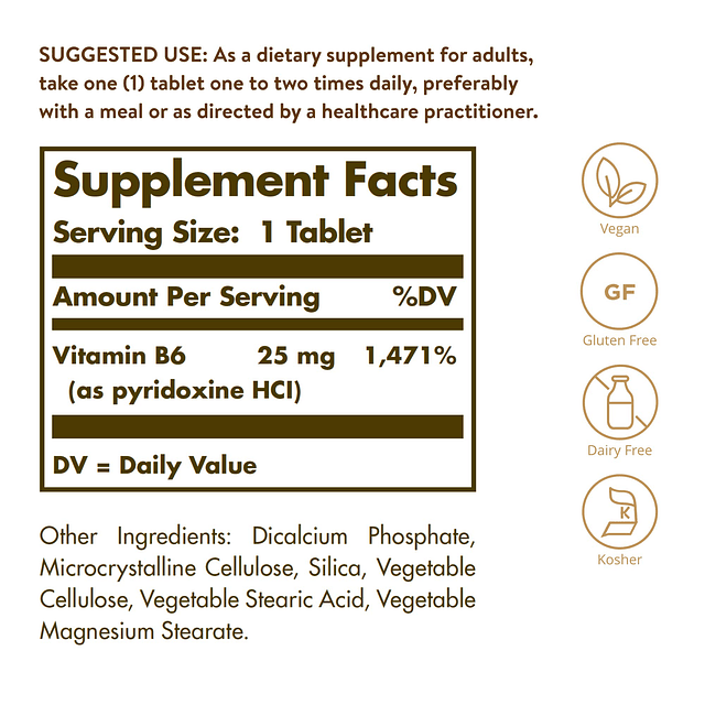 Solgar Vitamina B6 25 mg, 100 tabletas Apoya el metabolismo