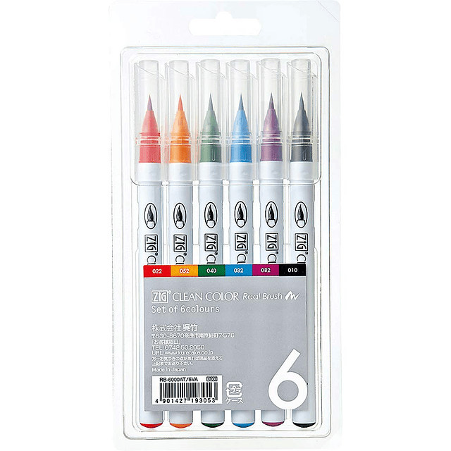 ZIG Clean Color Real Brush Pens, 6 colores con puntas de pin