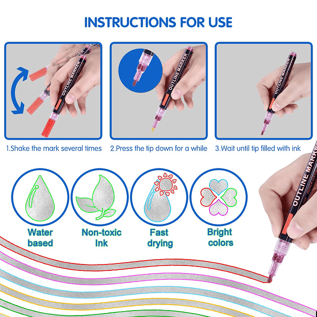 Rotuladores de contorno Super Squiggles, 12 colores, marcado