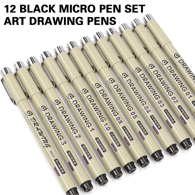 Micro Fineliner Drawing Art Pens: 12 Black Fine Line Waterpr