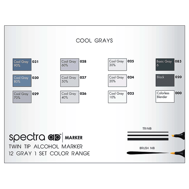 Chartpak Spectra, Tri-Nib y Brush Dual-Tip, 12 colores gris