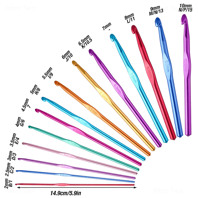 Juego de Agujas de Ganchillo de 14 Tamaños, Chapado Metálico