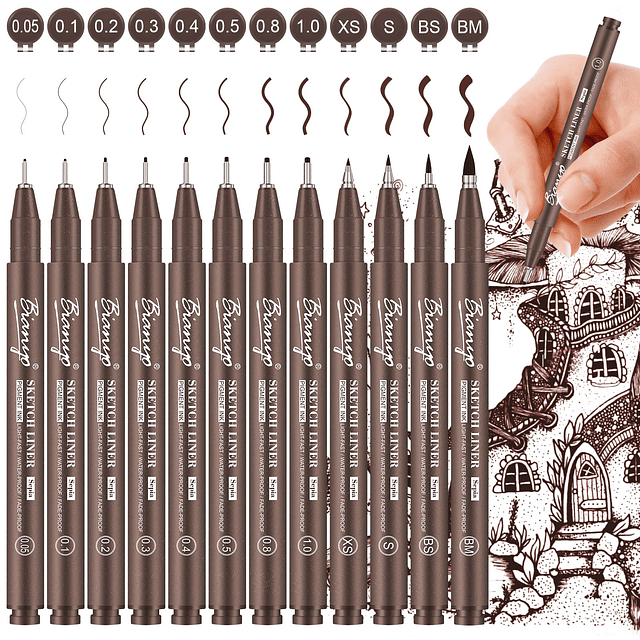 Sepia Micro Pen Set, 12 bolígrafos de dibujo de varios tamañ