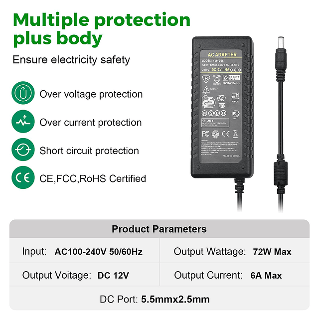 Adaptador de CA 12V 6A Fuente de alimentación 72W Transforma