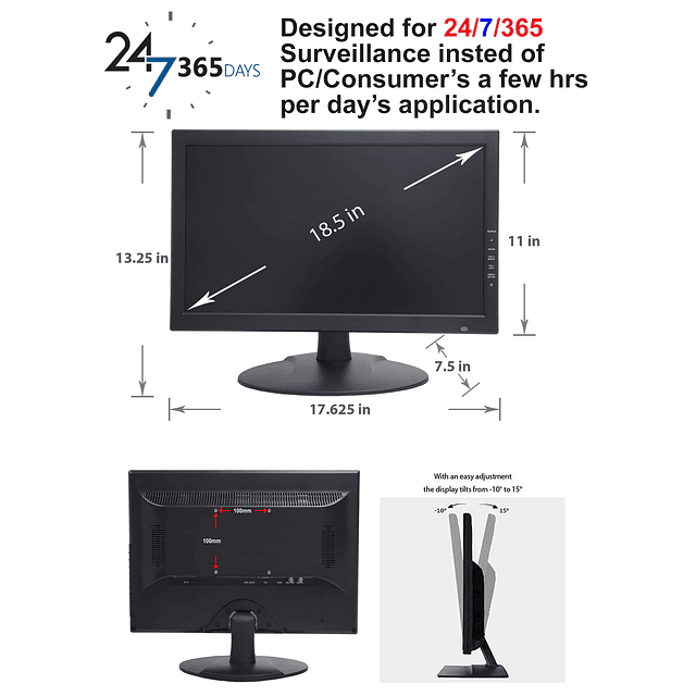 1stPV Monitor de seguridad de pantalla ancha 16:9 de 18,5” c